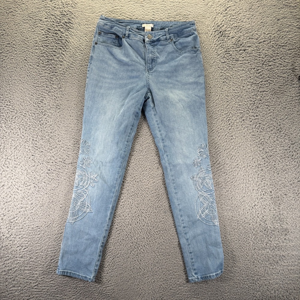 Eric Jeans Women 8 Blue Cotton Denim Skinny Leg Floral Embroidered Faded Stretch